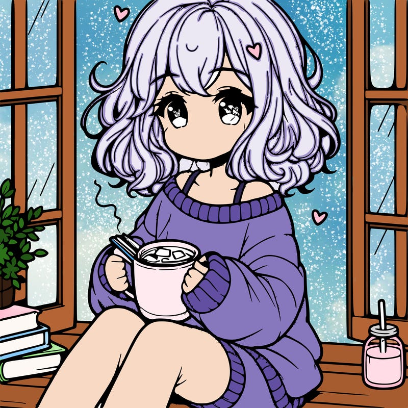 cute anime girl reading book and drinking hot chocolate from mug with loose wavy hair wearing a baggy sweatshirt and shorts sitting by windowsill looking out