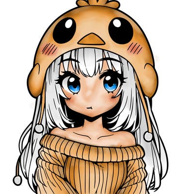 anime girl with chick shaped hat with sweater with bare shoulders with bangs covering them one eye with low tail