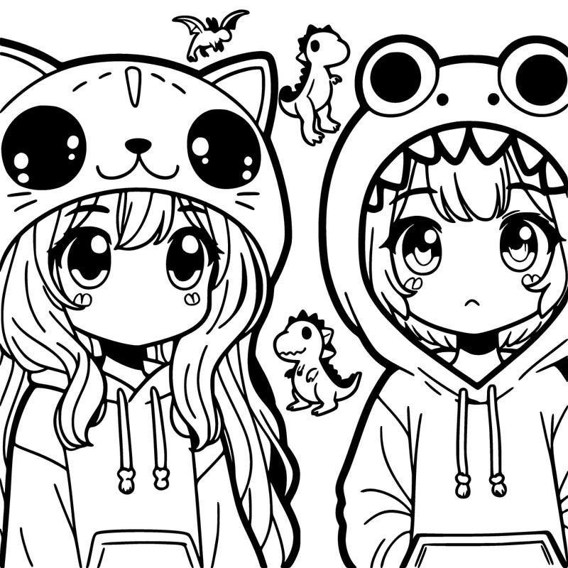 girl in a cat hoodie and girl whith a dino hoodie