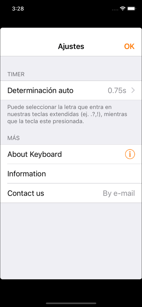 Easy Mailer Spanish Keyboard - Menú de configuración de la aplicación Teclado Español Easy Mailer mostrando opciones de configuración en español.
