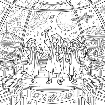 Journey to the stars for a unique graduation ceremony with this exciting coloring page. Watch as jubilant students celebrate their achievements in a vibrant, futuristic space colony.