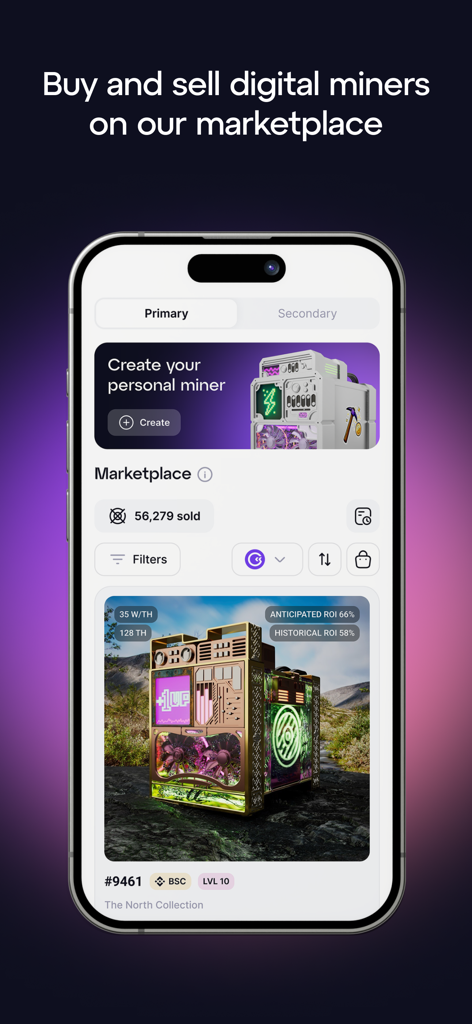 GoMining - Mining App - Marché de l'application mobile GoMining montrant des mineurs numériques à vendre avec des détails sur la puissance de hachage et le retour sur investissement