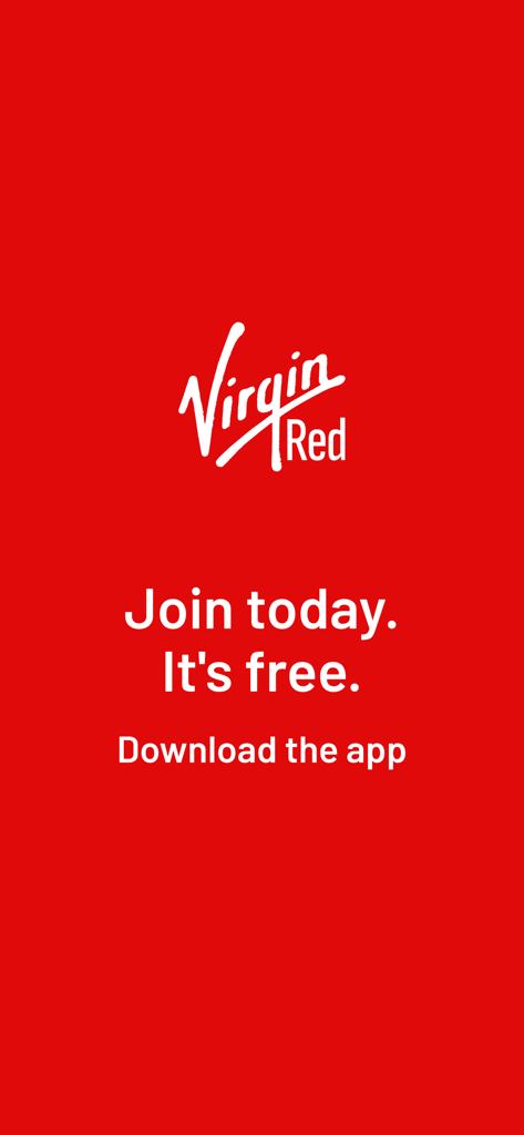 Virgin Red app splash screen with join today and it is free text