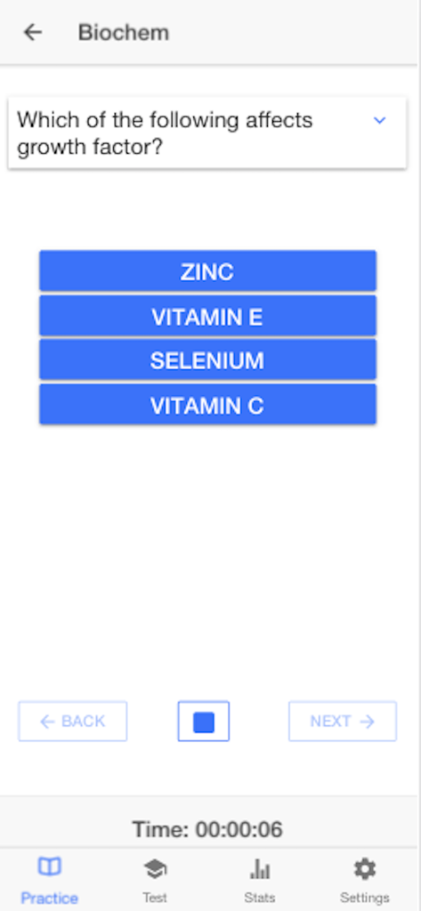 Chiropractic Boards 1 - Screenshot of the Chiropractic Boards 1 app displaying a biochemistry practice question about growth factors with multiple choice options.