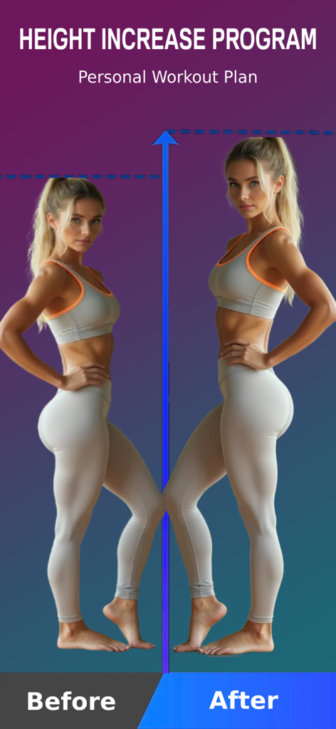 Side-by-side comparison showing height increase and posture improvement before and after the workout program.