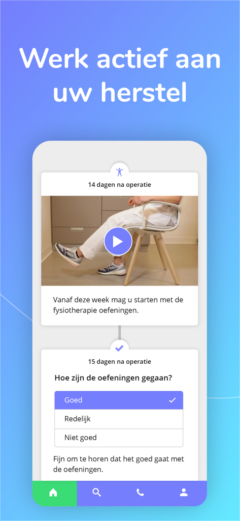Interface de l'application Parcours Patient affichant une chronologie de récupération post-opératoire avec des vidéos d'exercices et un suivi des progrès.