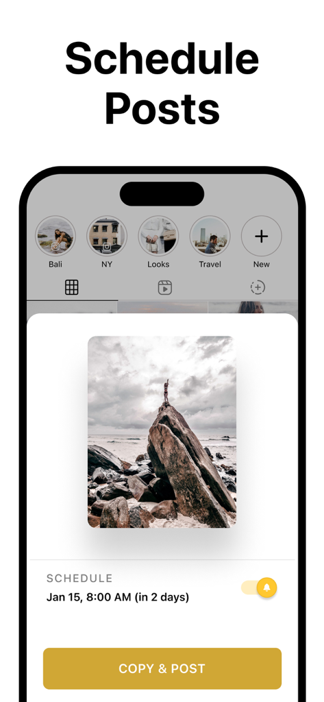 Interface d'application mobile montrant comment programmer des publications Instagram avec un aperçu photo et la sélection de la date
