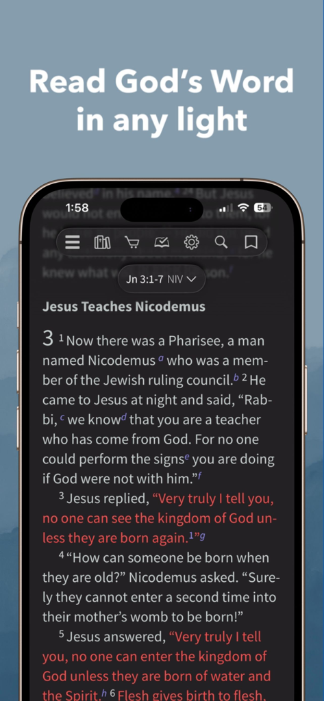 NIV Bible App dark mode interface displaying scripture from the Gospel of John