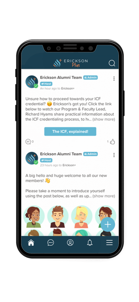 Erickson+ - A mobile screen showing the Erickson Plus app news feed with posts for professional coaching alumni about ICF credentials and member welcomes.