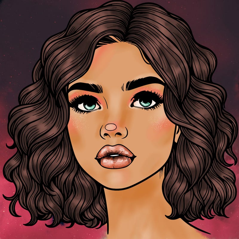 realistic girl with wavy hair and lips and nose