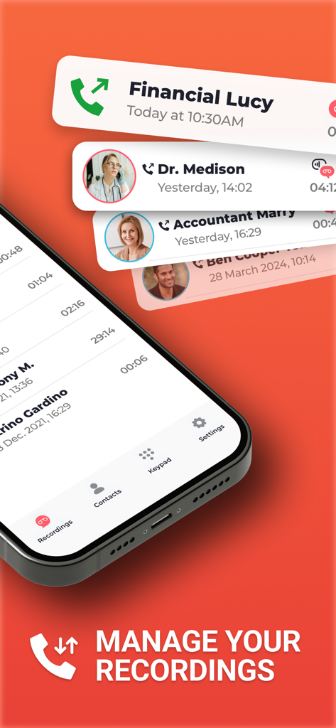 Phone Call Recorder ACR - Pantalla de smartphone mostrando la interfaz de gestión de grabaciones de llamadas de la app Phone Call Recorder ACR