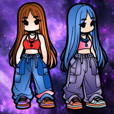 girl in baggy pants crop top and long hair