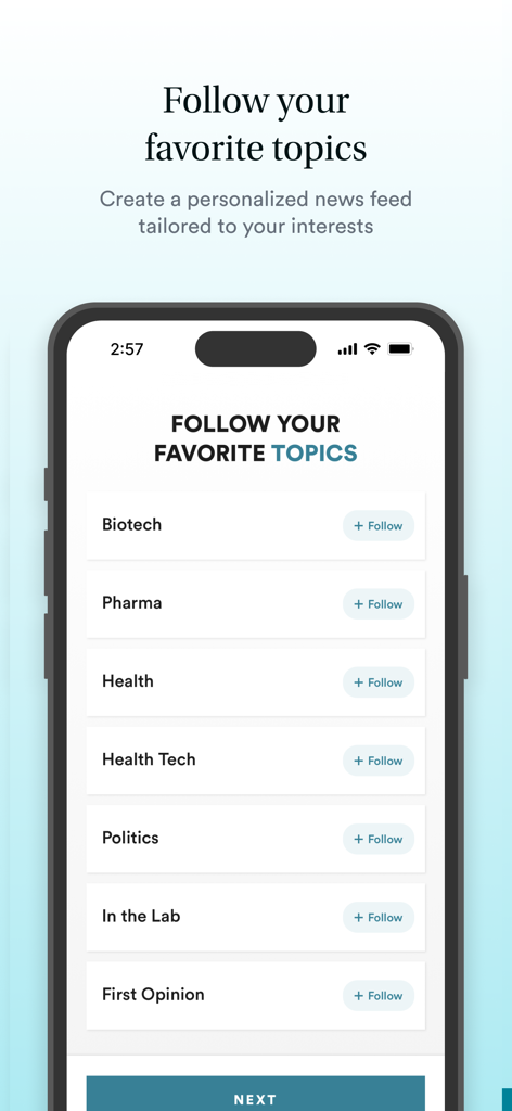 Mobile application screen for selecting and following professional news topics like Biotech and Pharma in the STAT News app