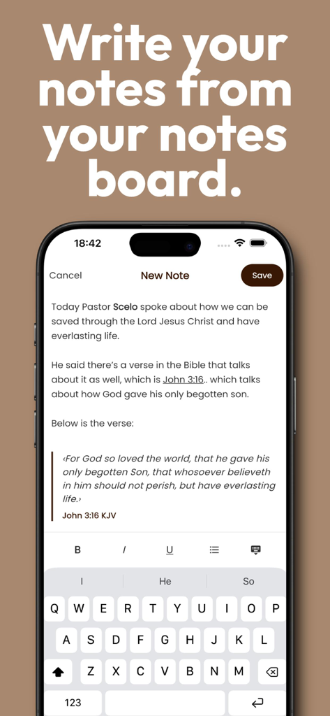 텍스트 서식 및 성경 구절이 있는 설교 노트 작성을 위한 Edena 앱 인터페이스