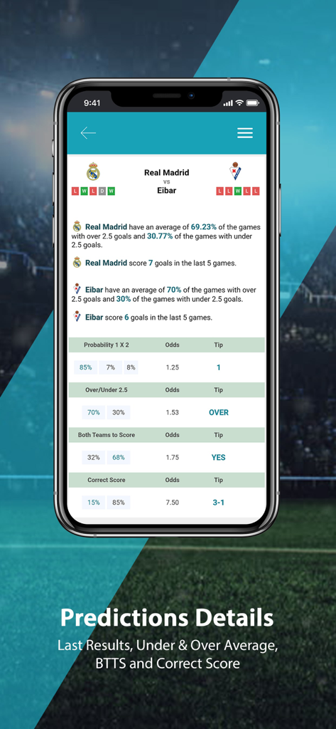 Football Super Tips - Detailed soccer match predictions showing betting odds and team statistics for Real Madrid versus Eibar