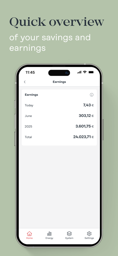 A smartphone screen displaying the Fronius Solar.web app earnings dashboard with financial savings data for a PV system.