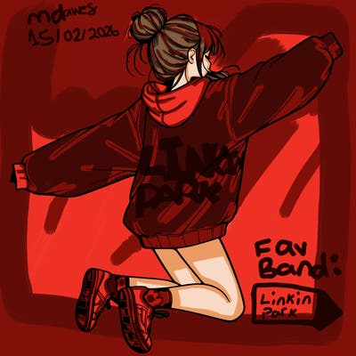realistic girl jumping with a bun and oversized sweatshirt