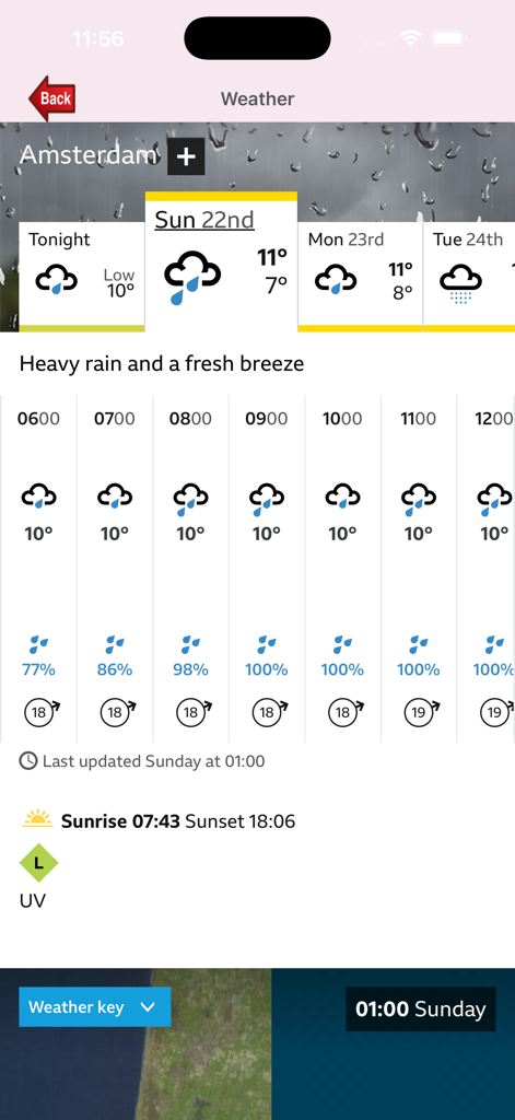암스테르담 시간별 날씨 예보 화면, 폭우 및 온도 세부 정보 표시