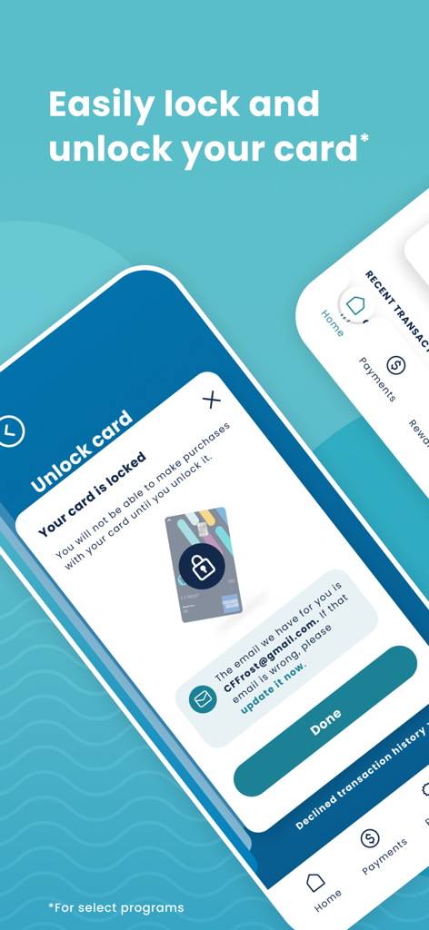 Bread Financial - セキュリティ強化のためにクレジットカードを簡単にロックおよびアンロックする機能が表示されているBread Financialアプリのインターフェース。