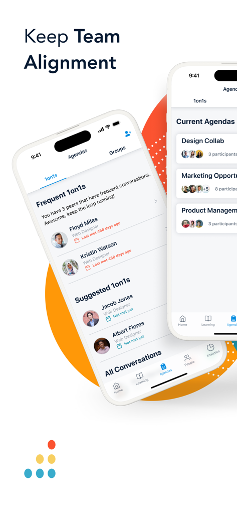 Interface of the Bridge LMS app showing 1 on 1 agendas and team collaboration schedules.