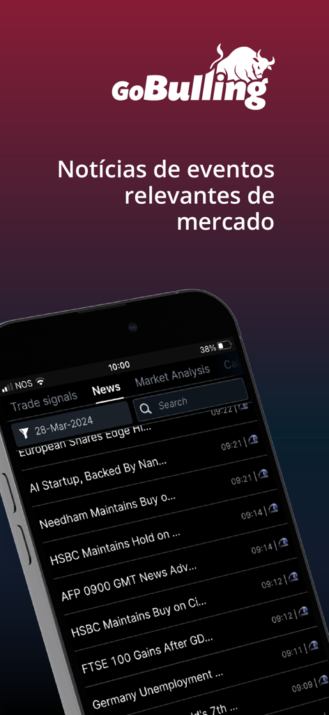 GoBullingProGo - A smartphone screen displaying a real-time financial news feed in the GoBullingProGo trading app.