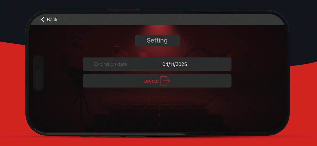 Menu de configurações do aplicativo The Spider HD exibindo a data de expiração da assinatura e a opção de logout