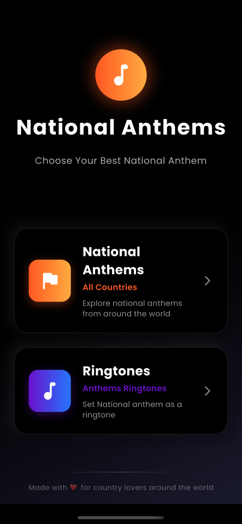 National Anthem Songs - Main menu screen of the National Anthem Songs app featuring options for all country anthems and ringtone settings