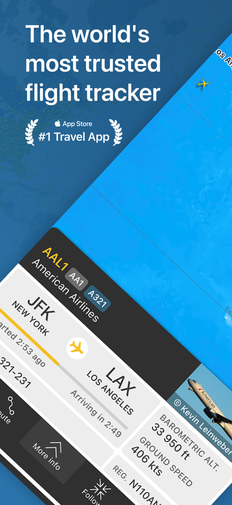 Flightradar24 app interface showing real time flight data for an American Airlines flight from JFK to LAX