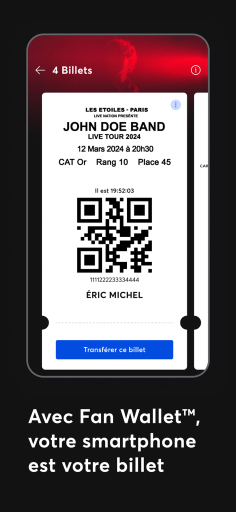 Fan Wallet App zeigt ein digitales Konzertticket mit QR-Code auf einem Smartphone-Bildschirm.