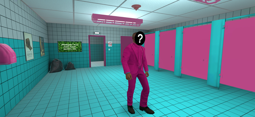 Toilet 8 - A character wearing a bright pink suit with a question mark on his face stands in a teal and pink public restroom in the game Toilet 8.