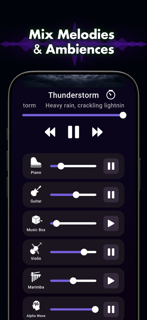 Mobile app interface for mixing melodies and ambient sounds with volume sliders