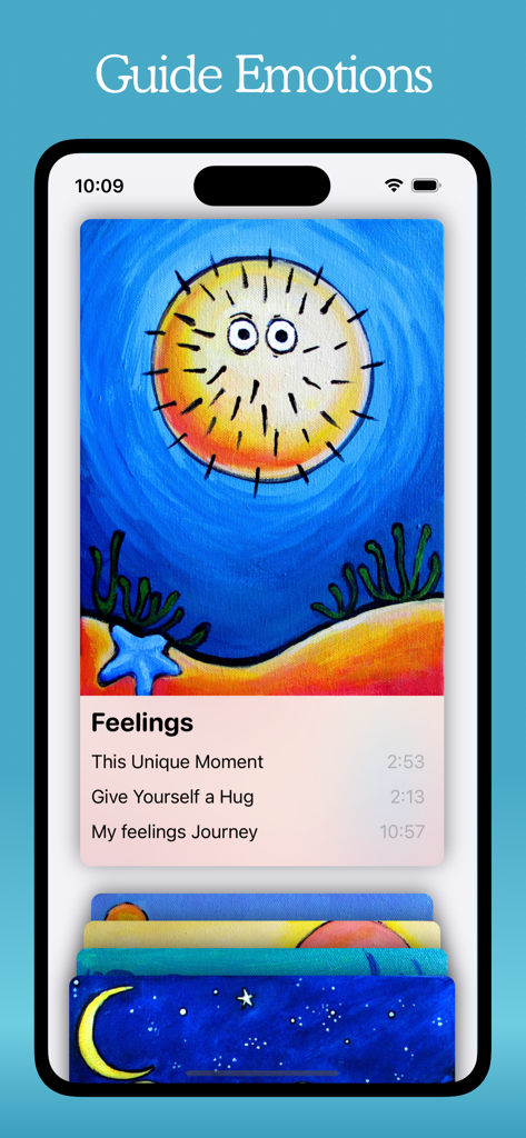 Kids Mindfulness Meditations - Smartphone interface for Kids Mindfulness Meditations app showing a list of guided sessions to help children manage feelings