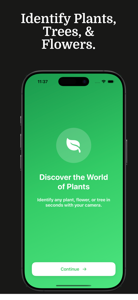 Plantella - Plant Identifier - Plantella app welcome screen displaying the plant identification feature on an iPhone.