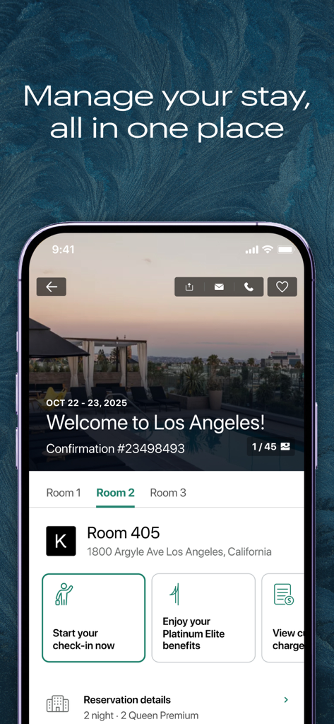 Interface do aplicativo IHG One Rewards para gerenciar uma estadia de hotel em Los Angeles mostrando check-in e benefícios platinum elite