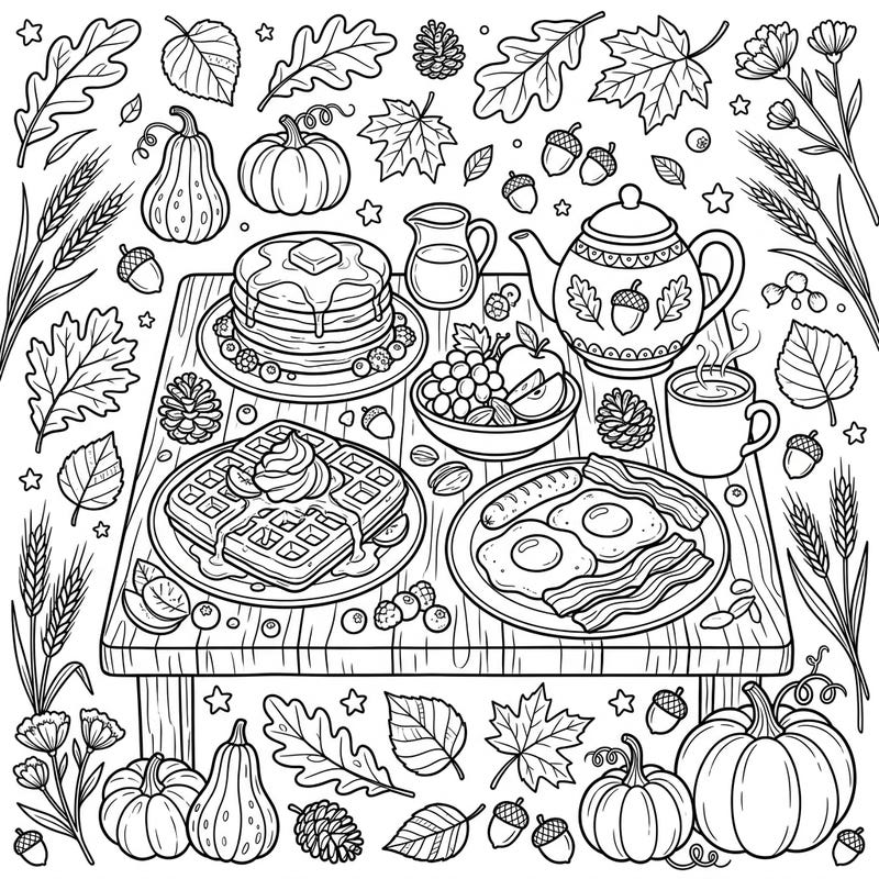 Dive into the flavors of fall with this delightful Autumn Brunch coloring page. Featuring a table laden with breakfast favorites amidst a scattering of cozy autumnal elements, it's perfect for a relaxing creative session.