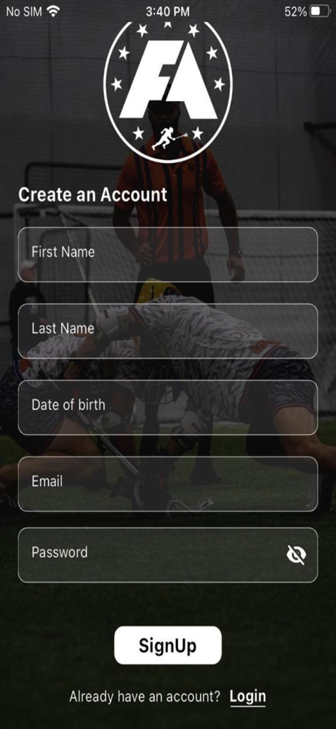 FaceOffAcademy app sign up page featuring registration form fields over a lacrosse background
