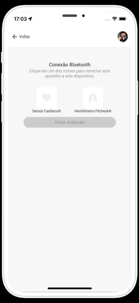 Interfaz de la aplicación Fitcheck que muestra la pantalla de conexión Bluetooth para conectar un sensor de frecuencia cardíaca y un ventilómetro.