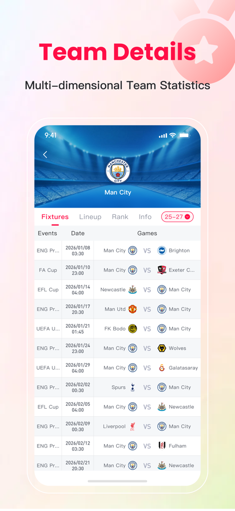 Z8Scoreアプリのスクリーンショット。マンチェスター・シティのチーム詳細と今後のサッカーの試合日程リストが表示されています。