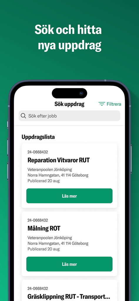 Veteranpoolen - Smartphone screen of the Veteranpoolen app displaying a list of available work assignments for retirees