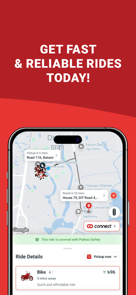 Pathao - Pathao mobile app interface showing a bike ride booking with a route map in Dhaka