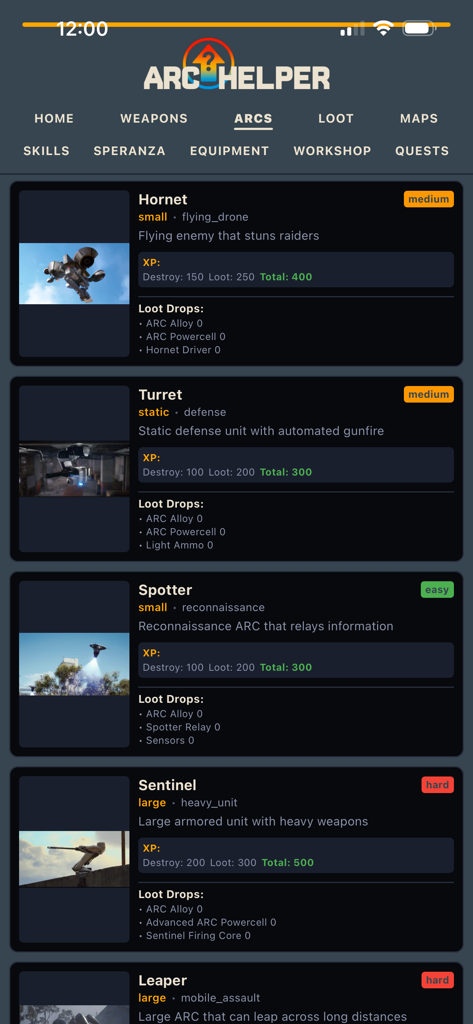 Arc Helper - Interfaz de la aplicación Arc Helper que muestra el bestiario de enemigos con detalles de botín y XP