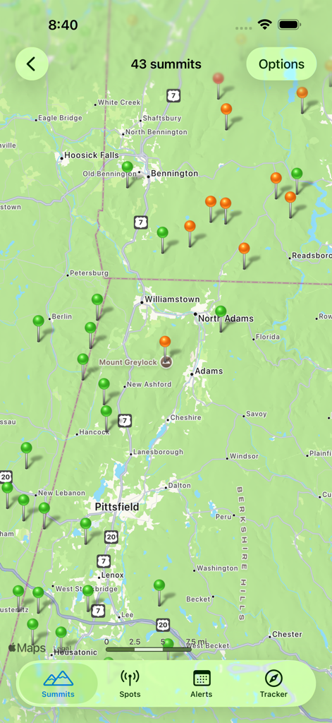 SOTA Goat - A map view in the SOTA Goat app showing multiple pins marking mountain summits for amateur radio activators