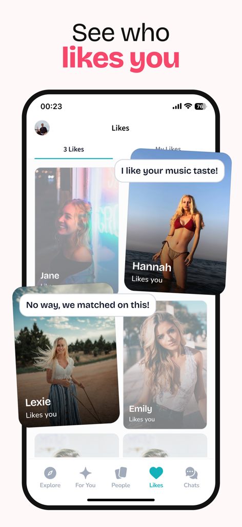UI of makromusic dating app showing user profiles in the Likes tab with music-related comments