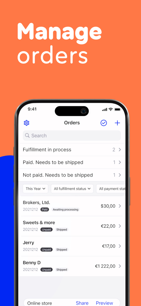 Billdu: Store,Inventory,Orders - Billdu Mobile-App-Oberfläche zur Verwaltung von Kundenbestellungen und zur Verfolgung des Erfüllungsstatus