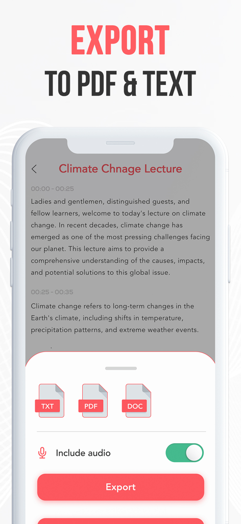 AI Note Taker Voice Memos App - A smartphone interface showing options to export a transcribed lecture into TXT, PDF, and DOC formats with an include audio toggle.