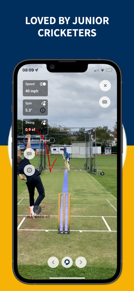 Fulltrack AI app interface showing a junior cricketer bowling with real-time performance data overlays for speed, spin, and swing