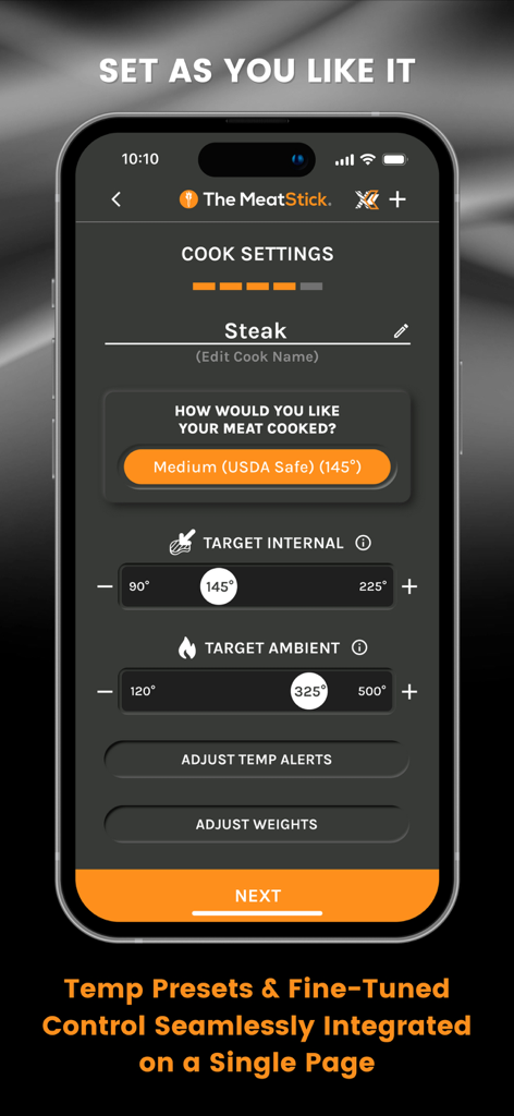 The MeatStick - The MeatStick app screen showing cook settings for a steak with target internal and ambient temperature controls.