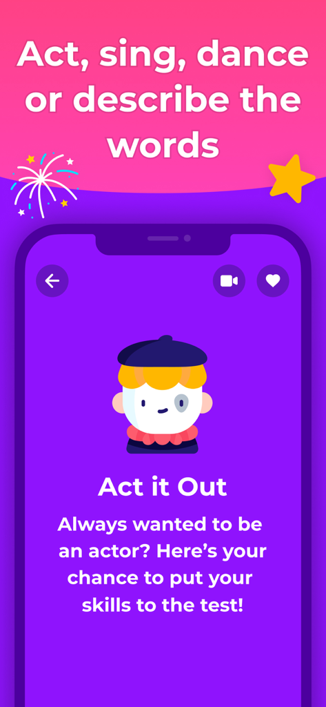 Screenshot of the Act it Out charades deck in the Guess Up mobile game.