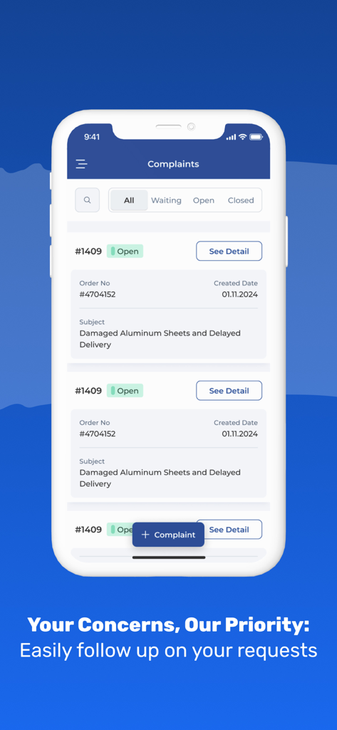 Alba Customer Portal - Bildschirm der Alba Kundenportal-Mobil-App, der eine Liste von Kundenbeschwerden mit Status- und Bestelldetails anzeigt