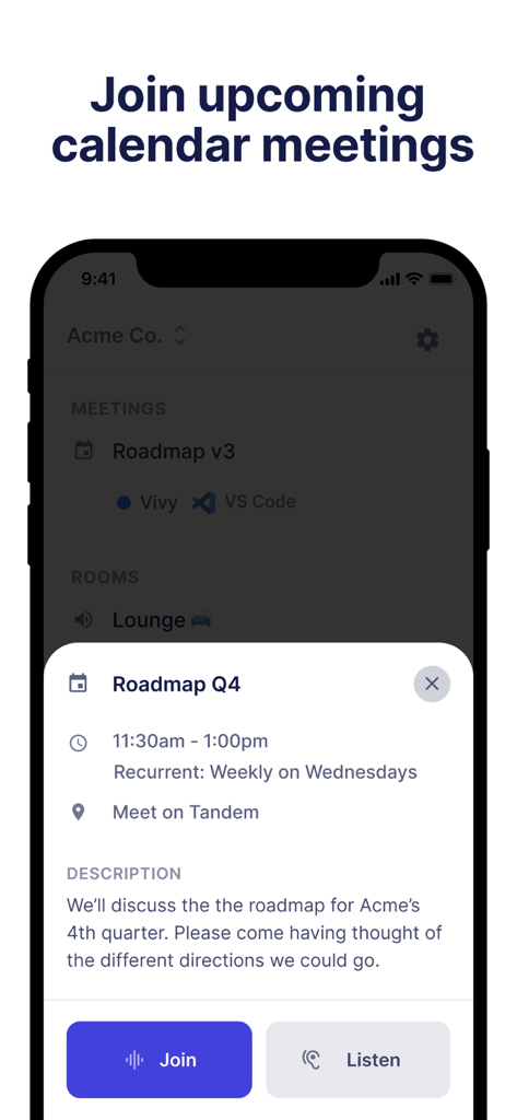 Tandem Chat - Tandem Chat mobile interface showing a calendar meeting invitation for a Roadmap Q4 discussion with options to join or listen.